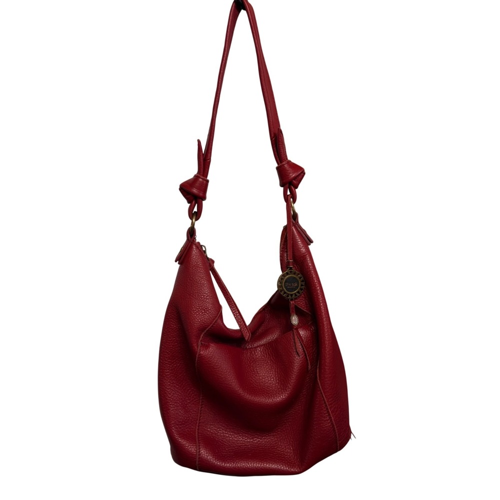 VTG The Sak Sequoia Hobo Bag Soft Pebble Leather Knots Pop of Red Cherry Red Y2K - Picture 2 of 10